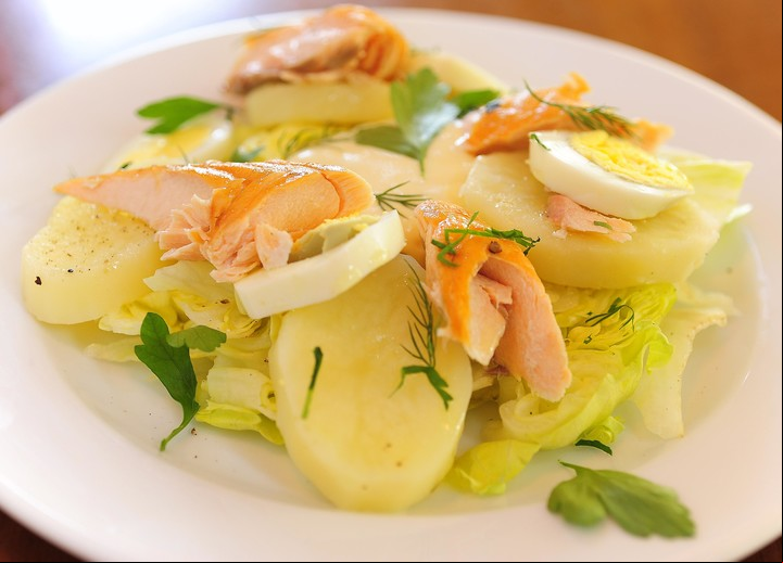 Alimentos muy buenos para un perro. Salmón cocido, papa, huevo y vegetales. 