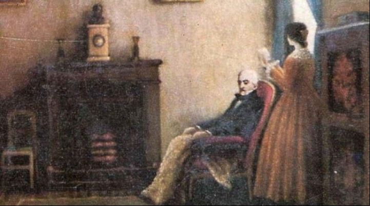 Pintura de un ya anciano José de San Martín con su hija Mercedes. Archivo