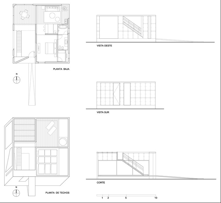 Villas Autónomas. Las plantas, cortes y vistas de las unidades de un dormitorio.