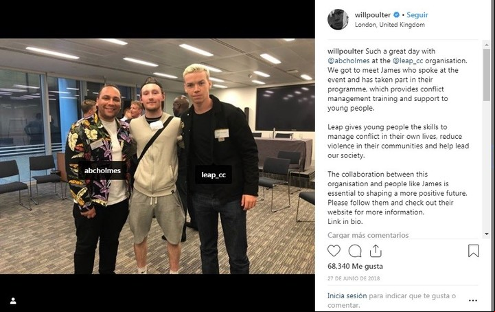 Will Poulter. En su cuenta de Instagram junto a referentes de organizaciones que instruyen a jóvenes contra los acosos en las redes sociales. Foto / Instagram