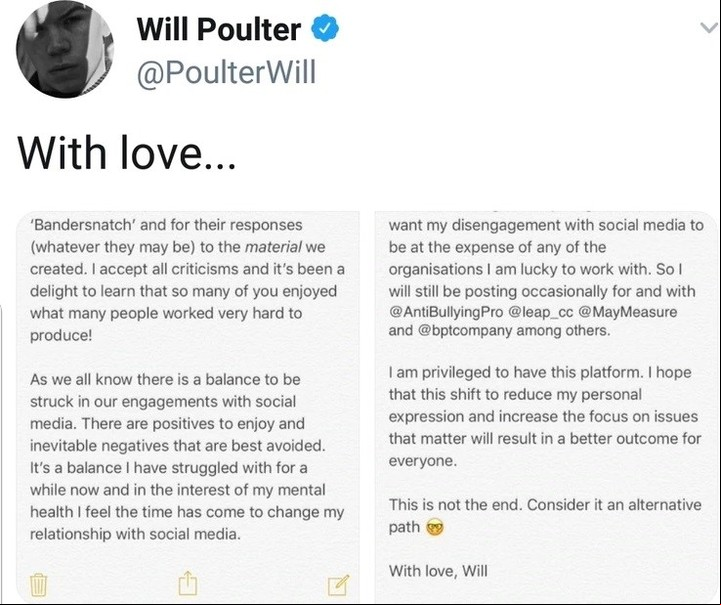 Will Poulter. El protagonista de "Black Mirror: Bandersnatch" con la despedida de Twitter. Foto/ Twitter: @PoulterWill