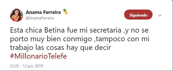 Este fue el primer tuit de Anamá en contra de Bettina Sack, booker de varias modelos conocidas, quien trabajó en la agencia de Ricardo Piñeiro.