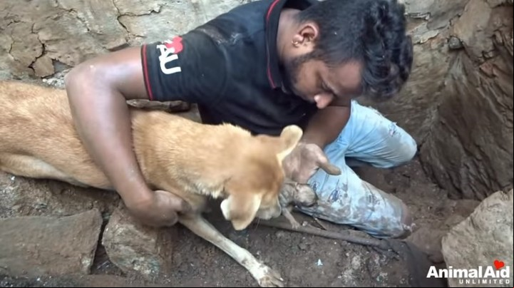 El rescatista saca el primer cachorrito (Captura de video).