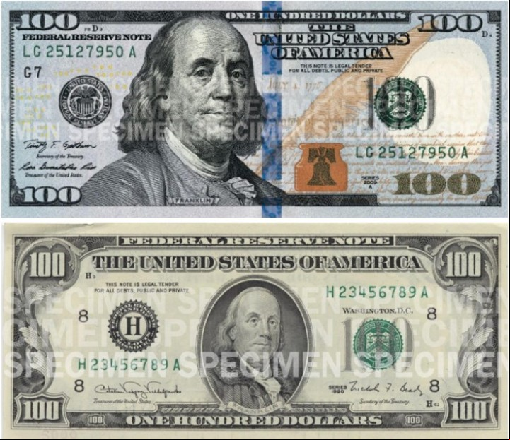 El billete de dólar más nuevo y uno de los diseños más antiguos, frente a frente. Imagen: Archivo.