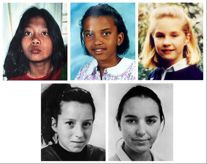 Cinco de las víctimas del criminal. De izq a der, de arriba a abajo: Mananya Thumpong (13 años, asesinada en 2001), Marie Ascension Kirombo (13 años, asesinada el 26 de junio 2003), Elisabeth Brichet (12 años, asesinada en 1989), Natacha danais (13 años, asesinada en 1990) e Isabelle Laville (asesinada en diciembre de 1987) (AFP).