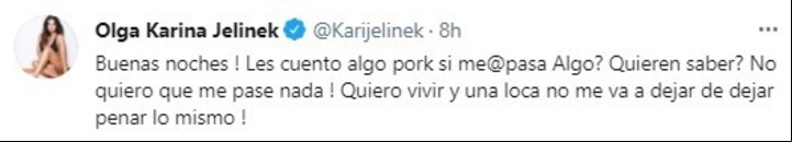 Tuit de Karina Jelinek que misteriosamente, después borró. Captura de Twitter