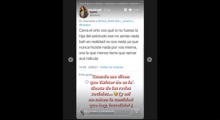Micaela Tinelli indignada por los comentarios hacia su hermana en la red (Instagram).