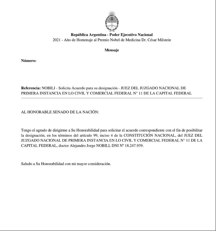 El pedido de acuerdo para que Nóbili sea designado en un juzgado de primera instancia.