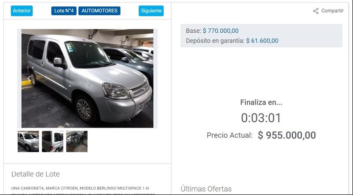La subasta online de un vehículo, a minutos del final: la base era $ 770.000 y con ofertas crecientes llegó a $ 955.000. Imagen: Captura.