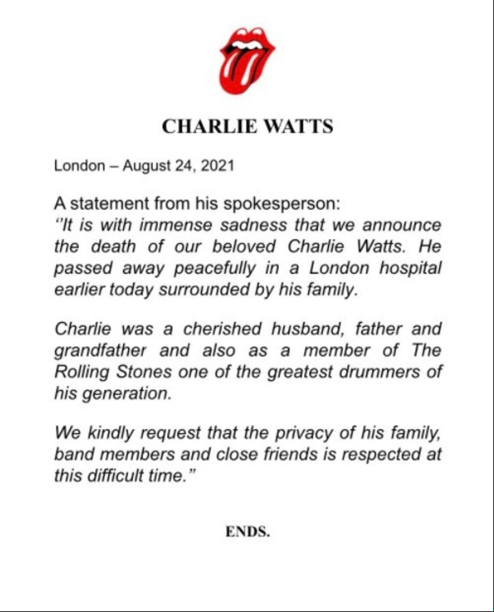 El comunicado que anunció la muerte de Charlie Watts.