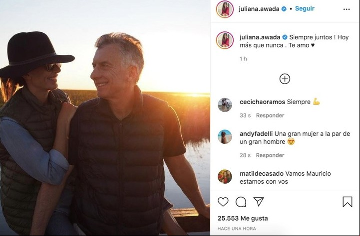 Juliana Awada compartió una foto junto a Mauricio Macri en su cuenta de Instagram.