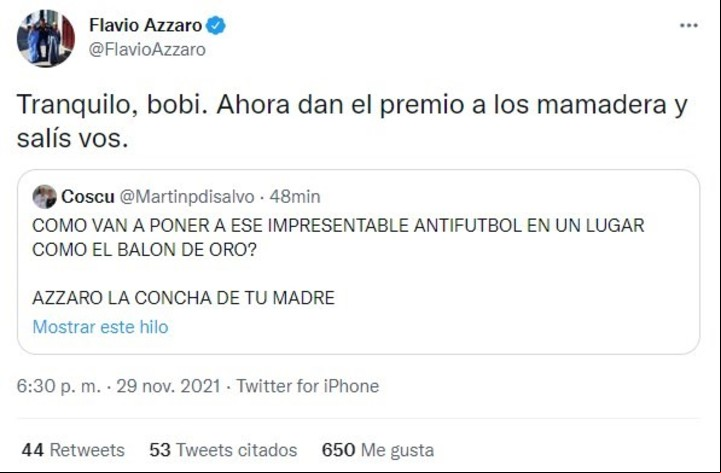 El cruce entre Flavio Azzaro y Coscu en Twitter por el Balón de Oro de Lionel Messi.