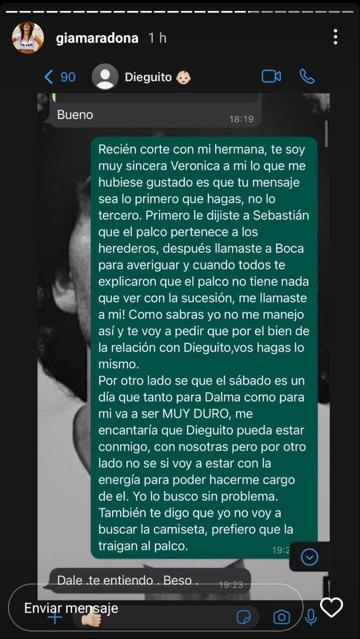 Gianinna mostró otra captura de pantalla y buscó aclarar lo sucedido con los palcos. Situación que enojó a Verónica Ojeda.