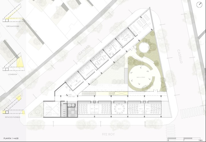 1° nivel. Aulas y talleres se conectan en la terraza sobre el auditorio.