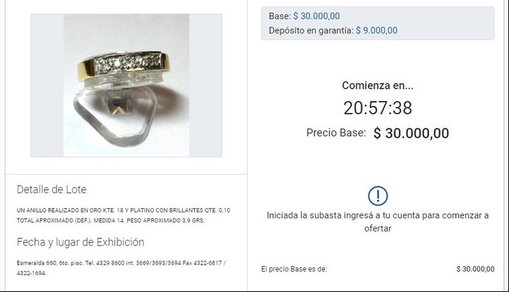 Para cada producto que sale a remate se fija un valor base. Imagen: Captura.