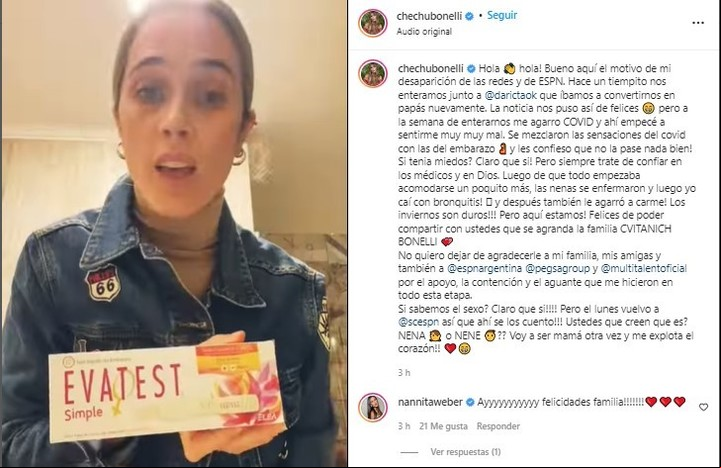Chechu Bonelli había anunciado su embarazo en junio. Foto Instagram.