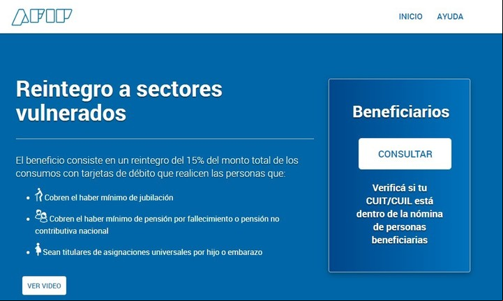 La AFIP tiene una web para resolver dudas sobre el reintegro del 15% a las compras con débito. Imagen: Captura.