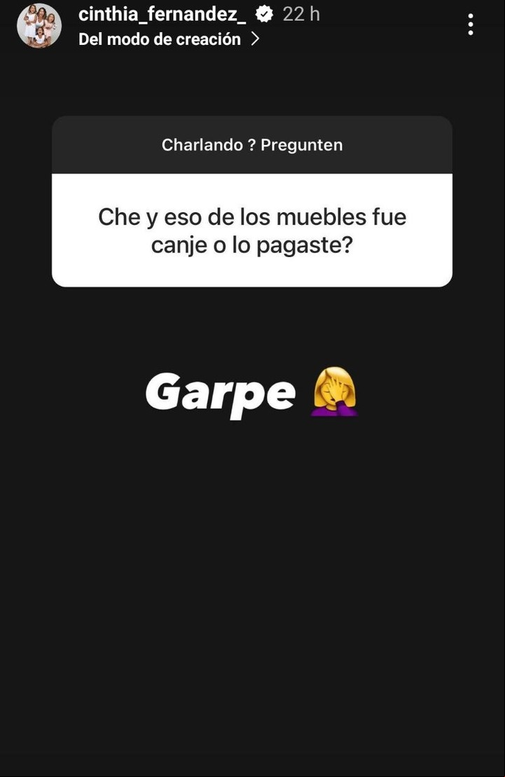 Cinthia Fernández aclaró que había pagado por el trabajo del carpintero, que no era un canje. Captura Instagram.