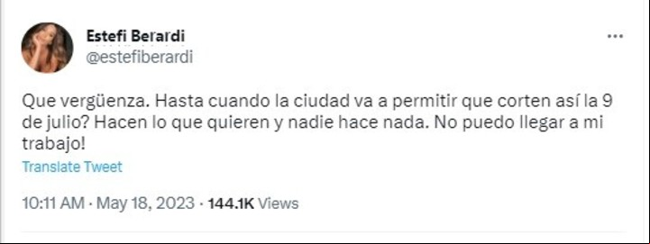 El tuit de Estefi Berardi expresando su fastidio. Twitter.