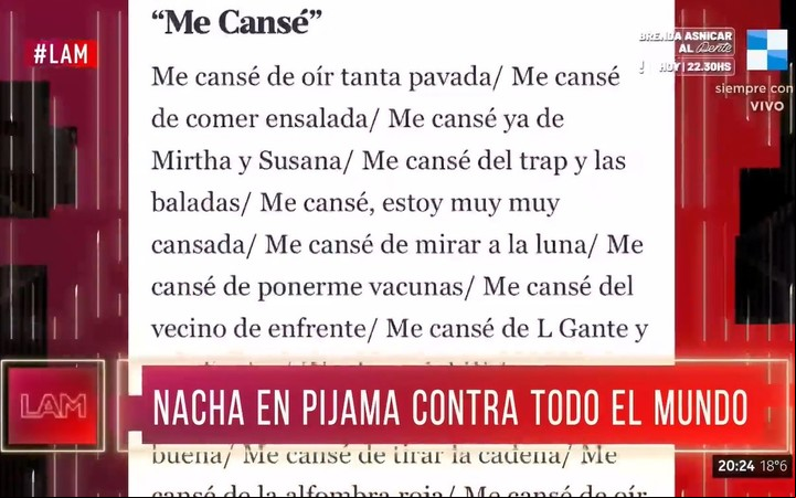 En LAM, mostraron la letra del nuevo tema "Estoy muy cansada", de Nacha Guevara. Captura TV.