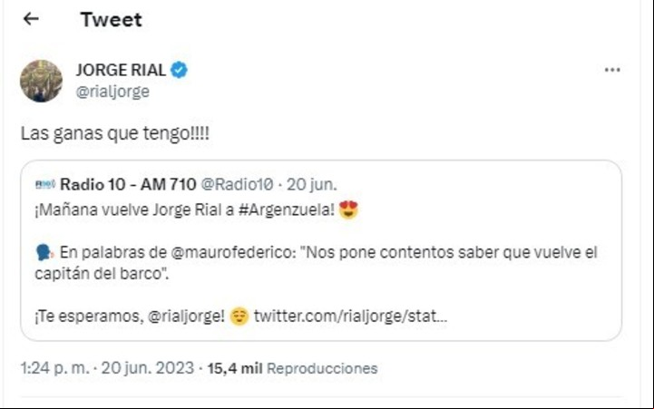 Jorge Rial, el martes, anunció que volvería a su programa radial Argenzuela. Twitter.