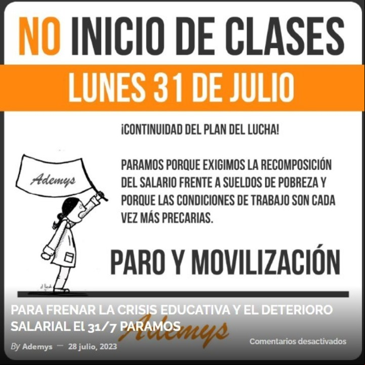 El anuncio de Ademys para el paro de este lunes. Foto: Captura de pantalla