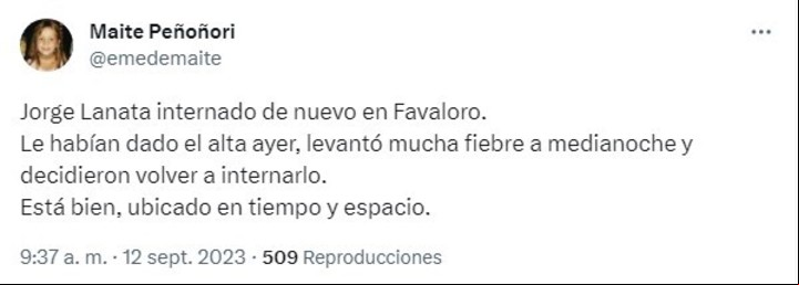 Tuit de Maite Peñoñori acerca de la salud de Jorge Lanata.