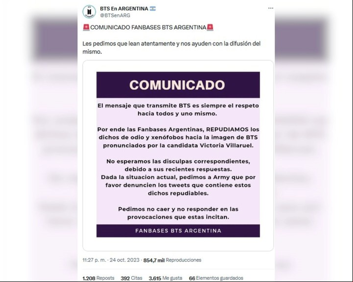 Comunicado. El texto del grupo de fans de BTS. Foto: captura.