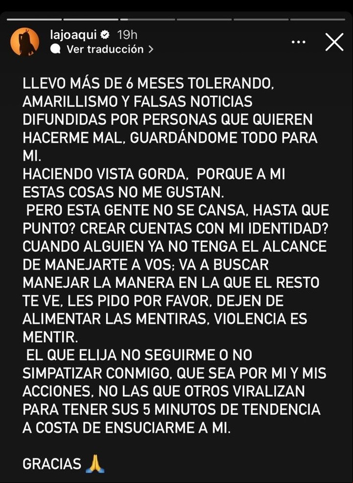 "Dejen de alimentar las mentiras", pidió La Joaqui.