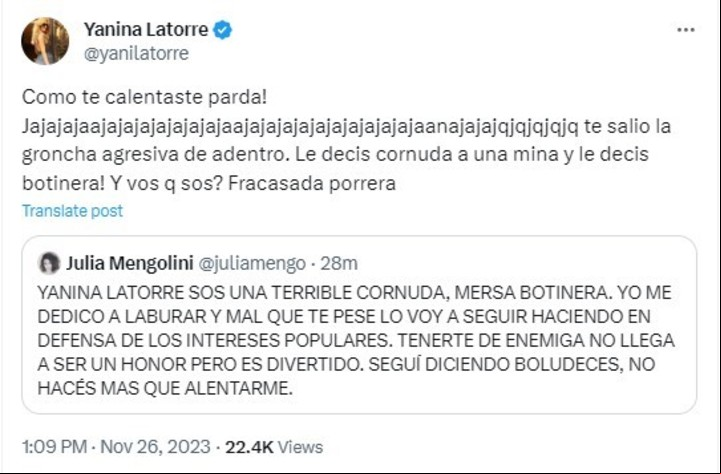 Yanina Latorre atacó a Julia Mengolini. Twitter