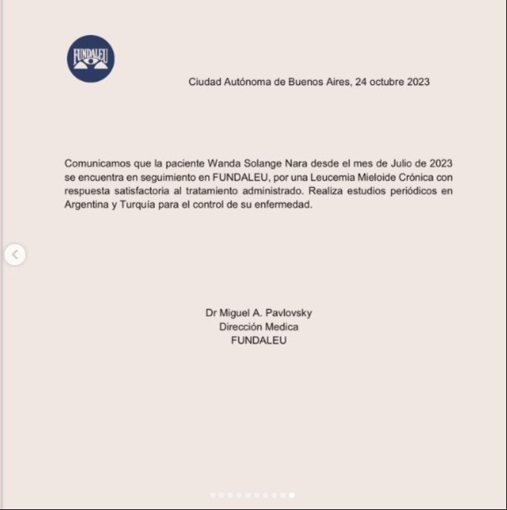 Wanda Nara reveló el comunicado inédito a través del cual le confirmaron que tenía leucemia. Instagram