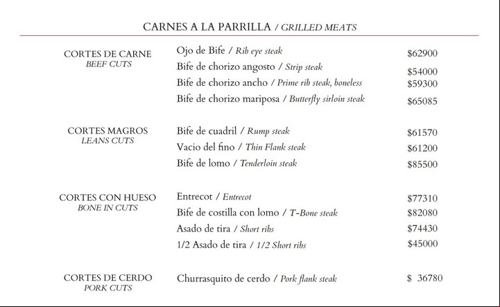 La carta de Don Julio actual.