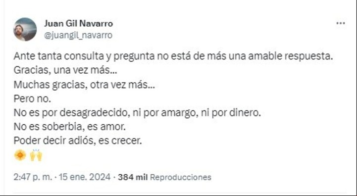 El mensaje de Juan Gil Navarro en X que sorprendió a los fans de Floricienta.