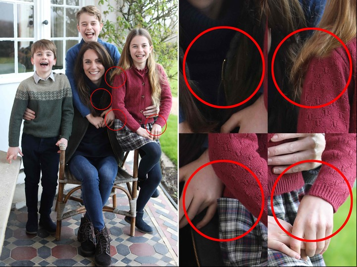 Una combinación de imágenes tomadas el 11 de marzo de 2024 muestra una fotografía publicada por el Palacio de Kensington el 10 de marzo de 2024 de la británica Catalina, Princesa de Gales con sus hijos, junto con una versión que destaca varias inconsistencias en las alineaciones después de que salió a la luz que el folleto había sido manipulado. La AFP y otras importantes agencias retiraron la imagen, la primera difundida desde que fue sometida a una cirugía abdominal, después de que se identificaran las inconsistencias, entre ellas una parte faltante en la manga de Charlotte, el cabello de Charlotte terminando abruptamente en su hombro y el cierre de la Princesa de Gales más ligero que el resto. (Foto de Príncipe de Gales / KENSINGTON PALACE / AFP)