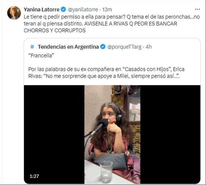 Yanina Latorre criticó a Érica Rivas.