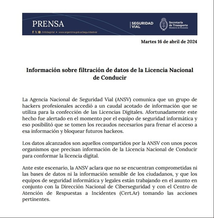 Comunicado oficial del Gobierno sobre la filtración de datos de licencias de conducir. Imagen: Secretaría de Transporte