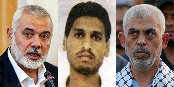 Ismail Haniyeh, Mohammed Deif (centro) y Yahya Sinwar (der.). Foto: AFP