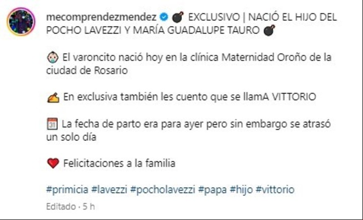 El periodista, Gustavo Méndez informó que este viernes 26 de julio, nació el hijo del Pocho Lavezzi y su novia María Guadalupe Tauro. | Foto: Instagram