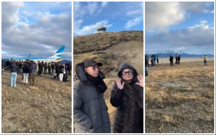 Marcelo Polino y Carmen Barbieri, tras tener que dejar el avión. Captura video.