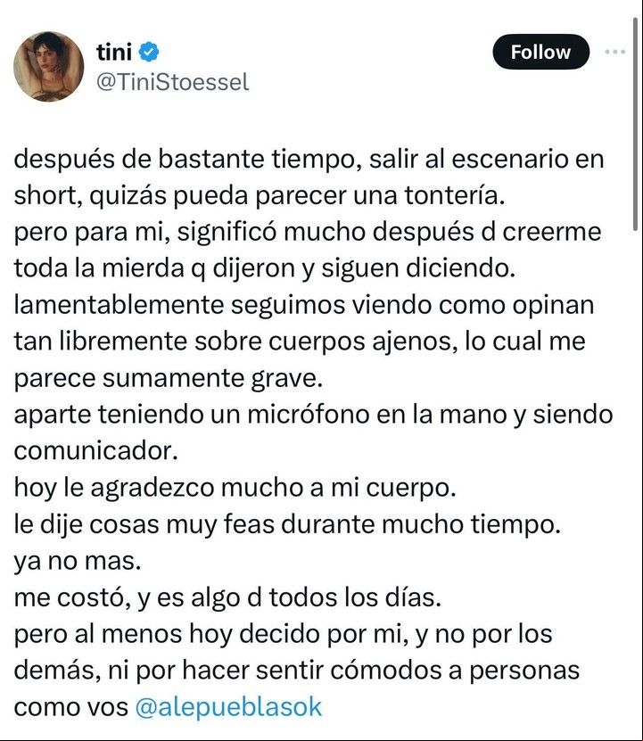 El fuerte descargo de Tini Stoessel contra un periodista que hizo repudiables comentarios sobre su cuerpo. Foto: Instagram