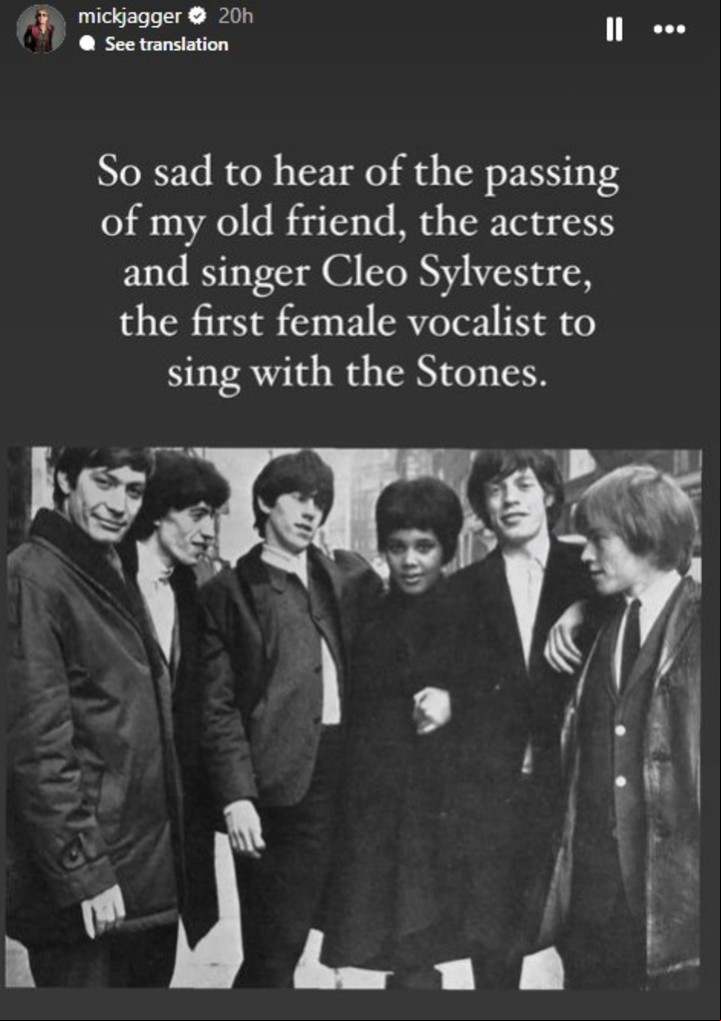 La historia que publicó Mick Jagger en su cuenta de Instagram, sobre la muerte de Cleo Sylvestre.