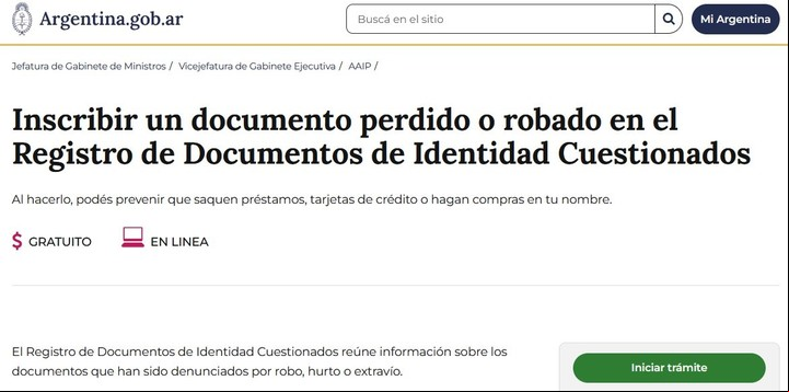 En el sitio del Registro Documentos de Identidad Cuestionados se inscribe el número de documento perdido o robado para evitar riesgos.