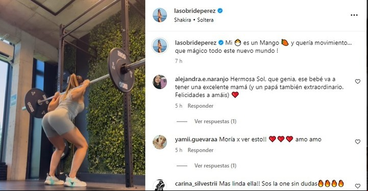 El posteo de Sol Pérez, mostrando su rutina de ejercicios durante el embarazo. Captura Instagram.