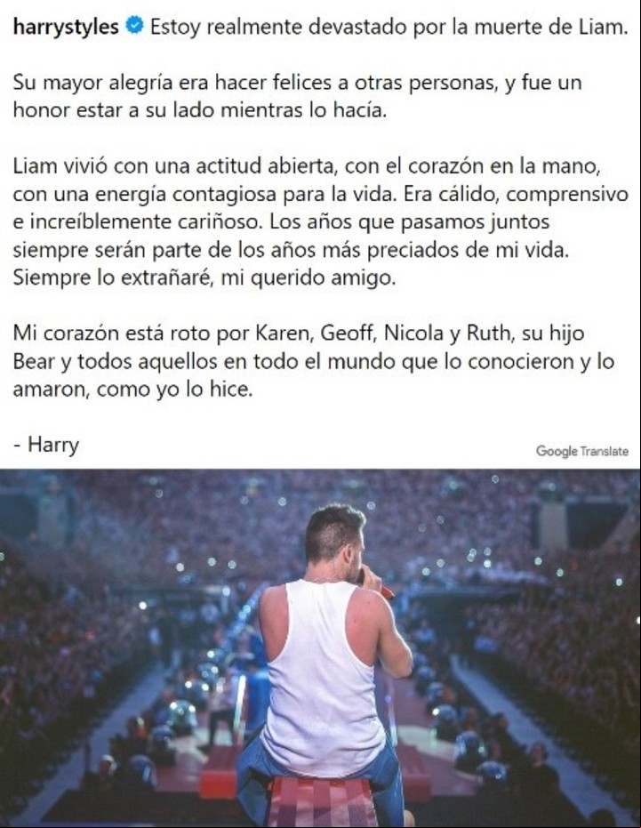 Harry Styles le dedicó unas sentidas palabras a Liam Payne tras su fallecimiento en Argentina. | Foto: Instagram