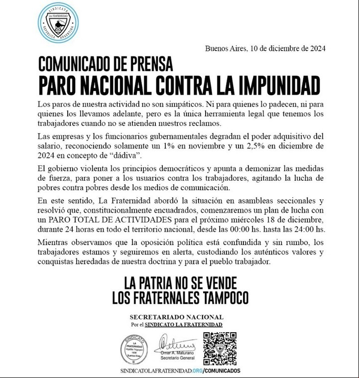 El comunicado de La Fraternidad, que convocó a un paro nacional de trenes para el miércoles 18 de diciembre.