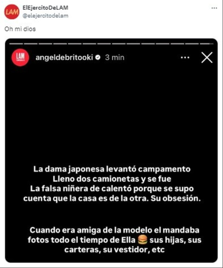 Ángel de Brito también informó que La China Suárez abandonó la propiedad de Nordelta donde reside Mauro Icardi actualmente. | Foto: X