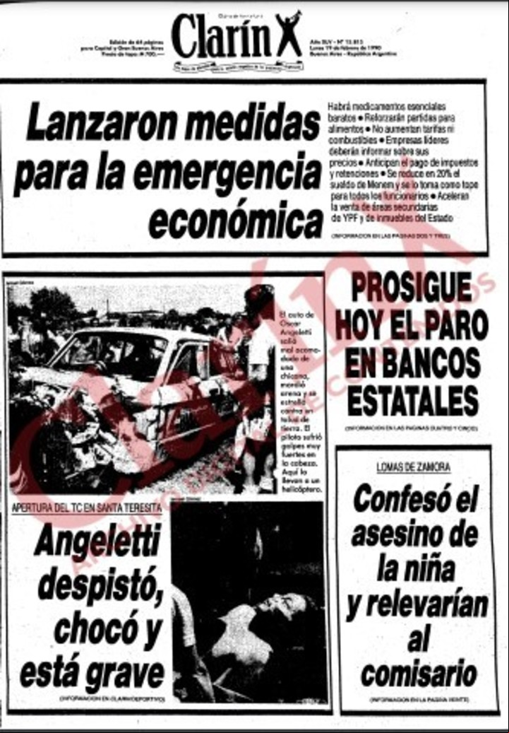 La tapa del diario Clarín del 19 de febrero de 1990, con la noticia del accidente de Oscar Angeletti.