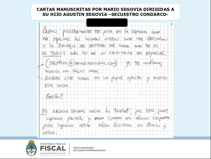 Carta de Segovia a su hijo dándole instrucciones de cómo mandar los mails desde la dirección robada al Gobierno de Formosa y las armas secuestradas al Rey de la Efedrina