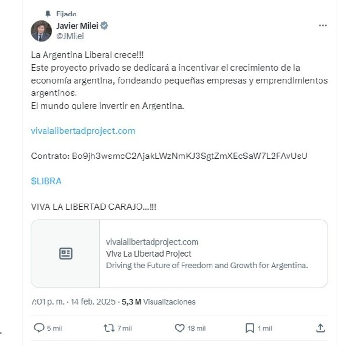 El mensaje en el perfil de X de Javier Milei promocionando la criptomoneda $LIBRA, que luego borró.
