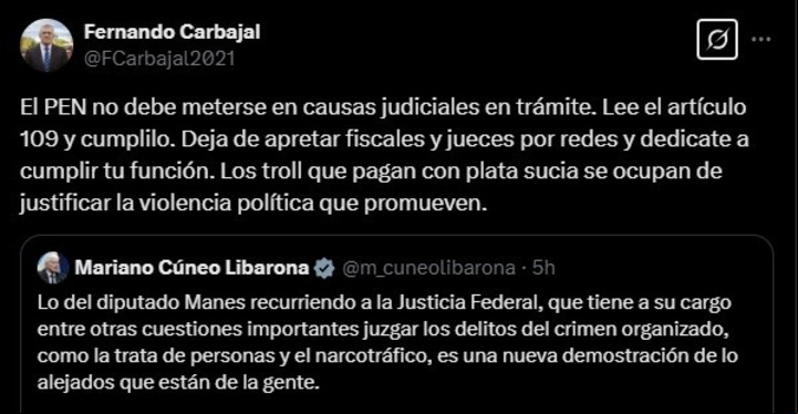 "Dejá de apretar fiscales y jueces por redes": durísimo cruce entre un diputado del bloque de Facundo Manes y el ministro Mariano Cúneo Libarona
